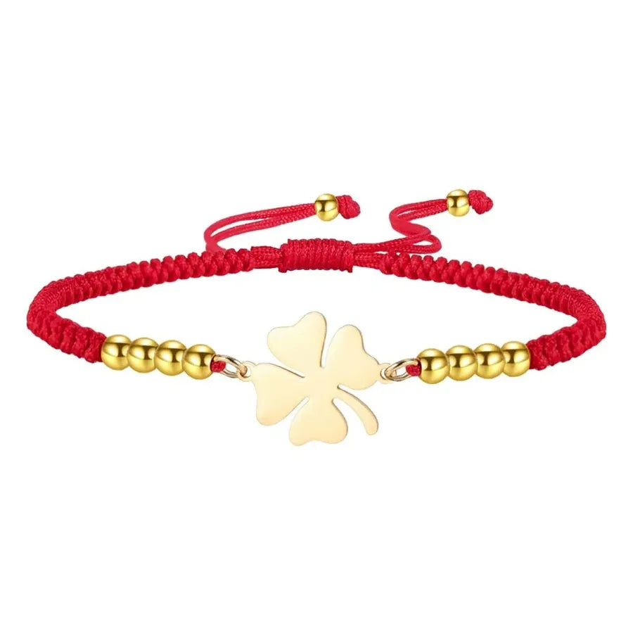 Double Layer Four Leaf Clover Bracelet Gold -Red Braided Rope