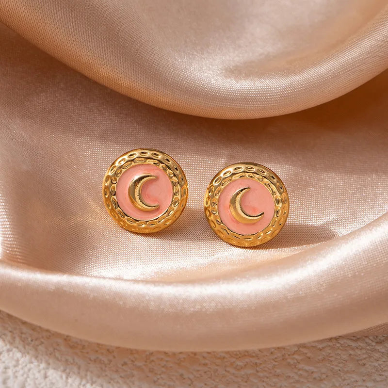 Moon Drop Titanium Stud Earrings Moon Round Earrings-Orange 1557