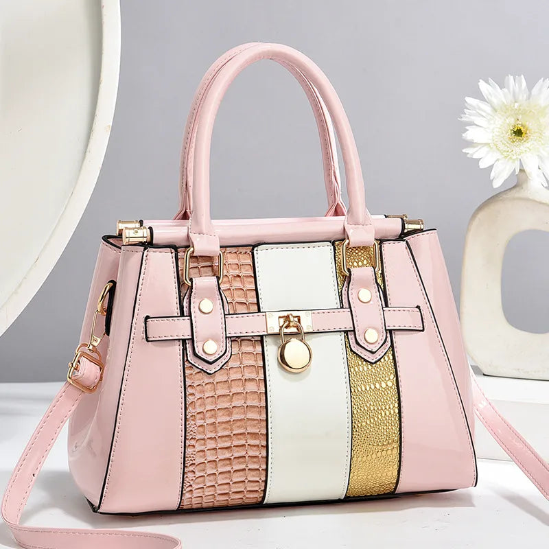 Women's Multicolor PU Leather Square Handbag Pink 27*14*21