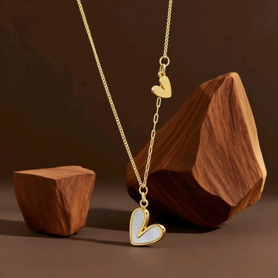 Titanium Steel Heart Pendant Necklace X0615-White Shell Heart Necklace - Gold