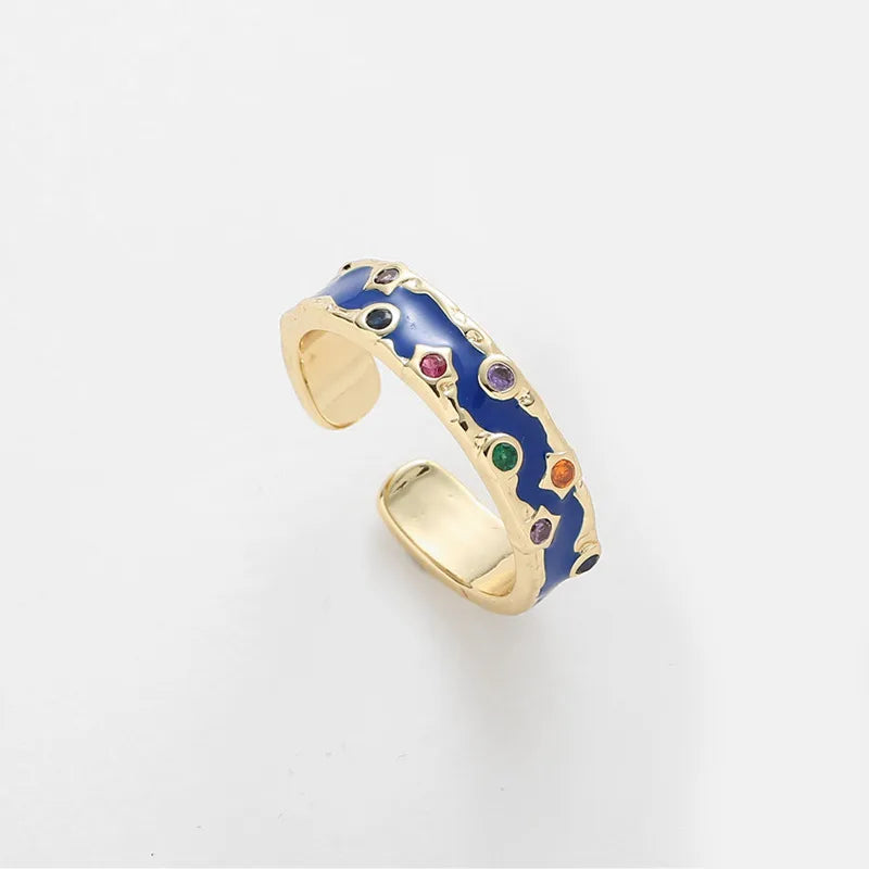 Colorful Enamel Open Ring for Women Multicolor Oil Drop Inlaid Diamond Ring Dark Blue Sold Individually