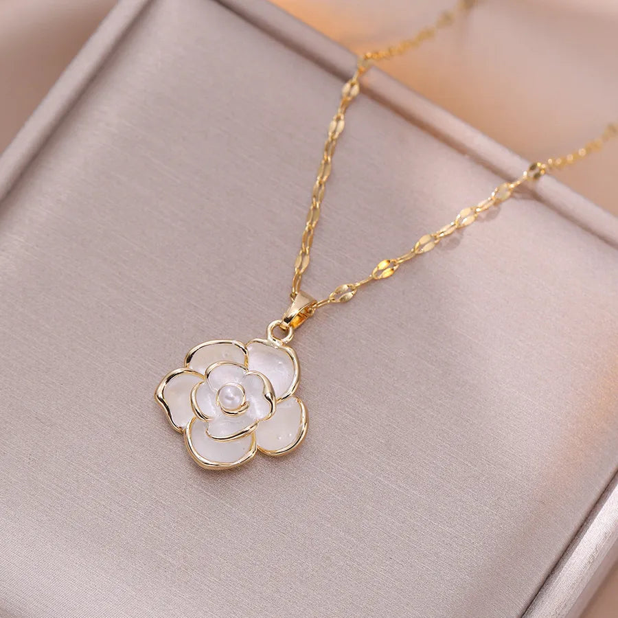 Titanium Steel Rose Flower Pendant Necklace X3042 Camellia Necklace
