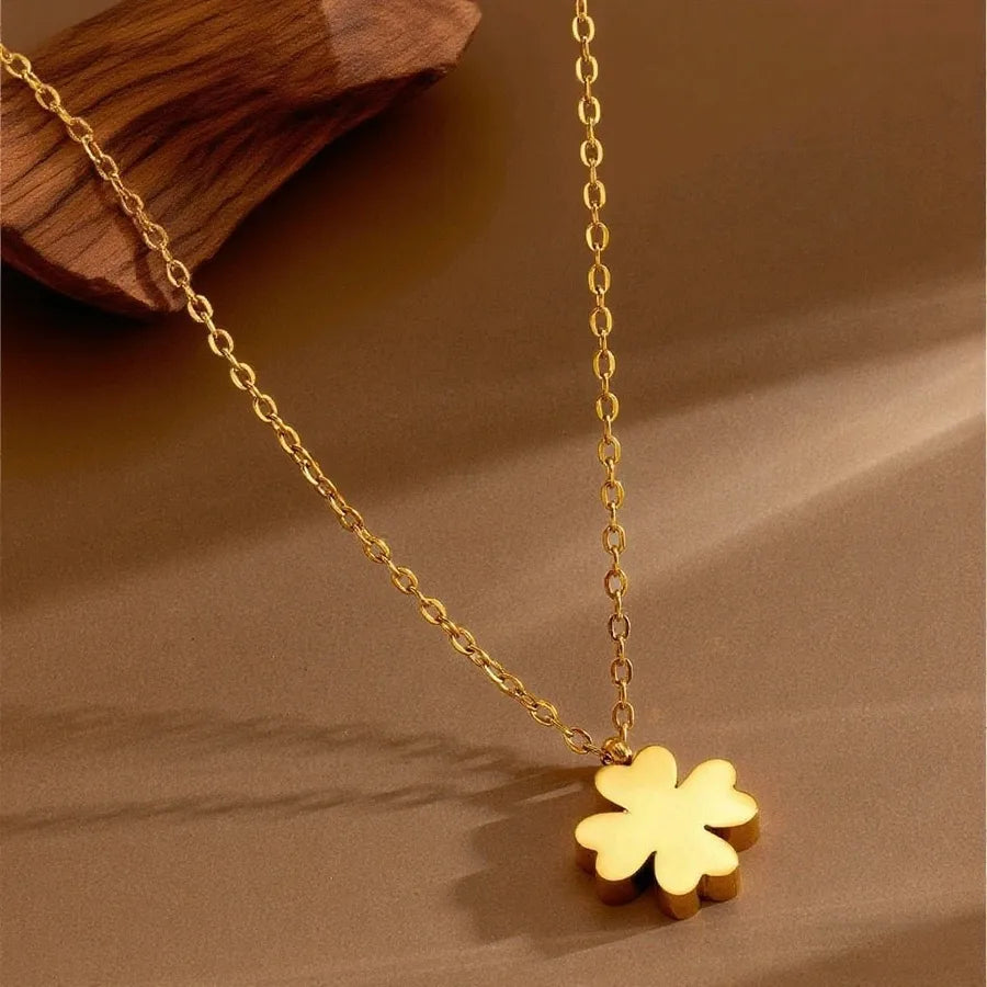 Titanium Steel Heart Pendant Necklace X0313-Glossy Four-leaf Clover-Necklace- Gold
