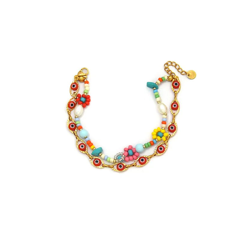 18K Gold Boho Eye & Flower Double Layer Bracelet BH0157-02-red