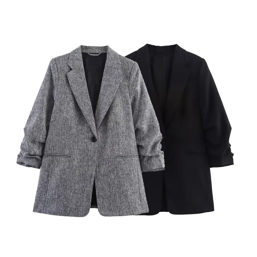 Elegant Pleated Sleeve Women's Blazer