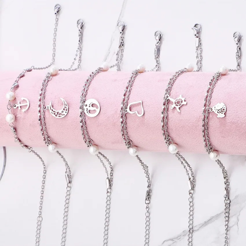 Silver Ocean Charm Layered Bracelet for Women