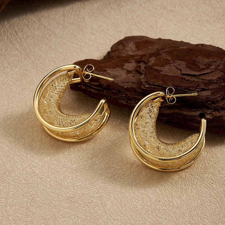 18K Gold PVD C-Shaped Rhinestone Hoop Earrings