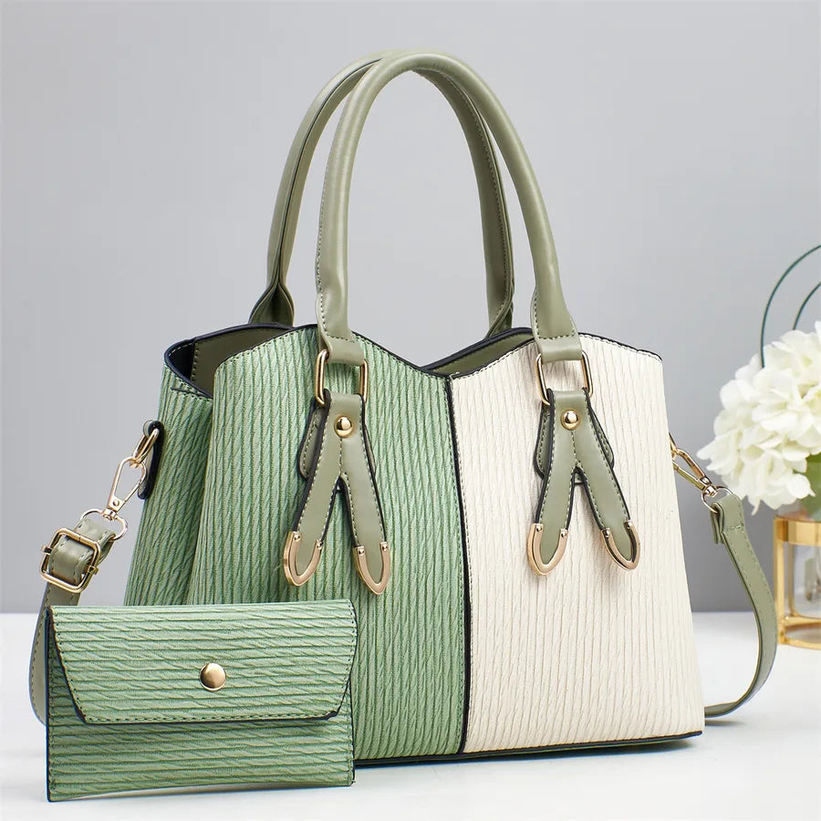 Color Block PU Shoulder Bag for Women Green with White