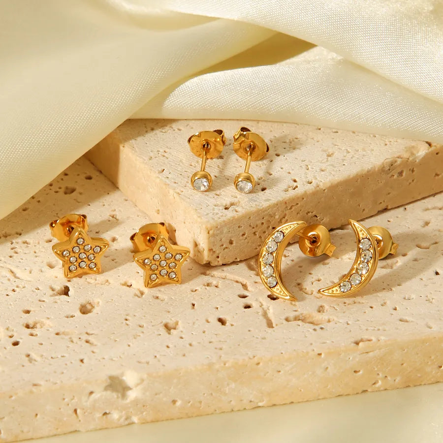 18K Gold Star & Moon Earrings Set for Women