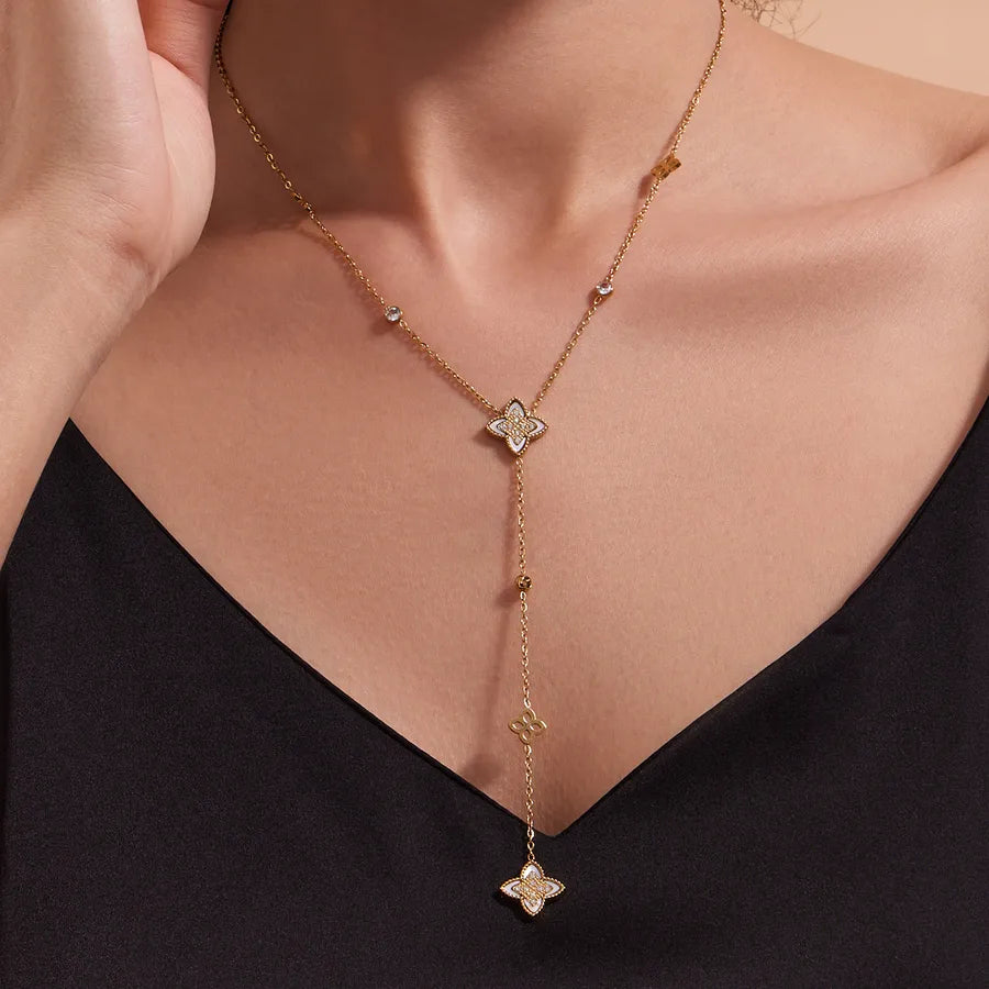 Gold Y Necklace with Zircon & Pearl Accents