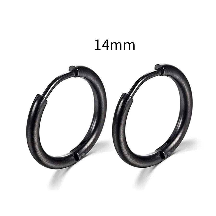 Men's Stainless Steel Round Hoop Earrings Black 14mm