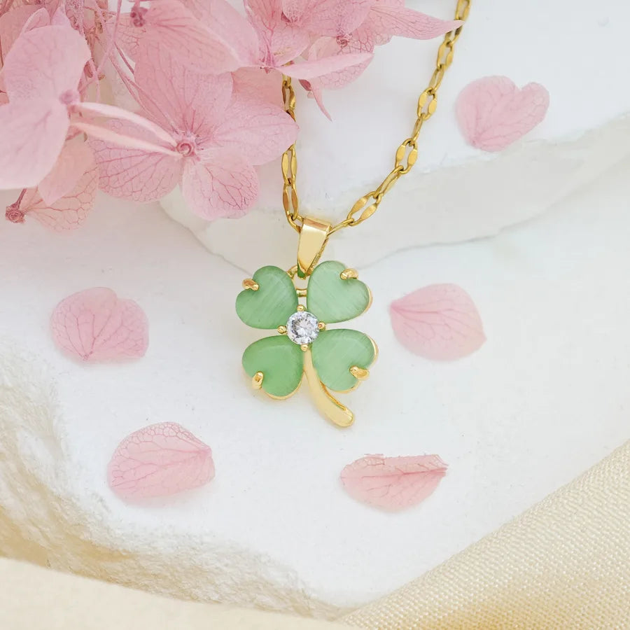 Titanium Steel Heart Clover Necklace XL293 Green Cat's Eye Four-Leaf Clover Necklace Gold Lip Chain