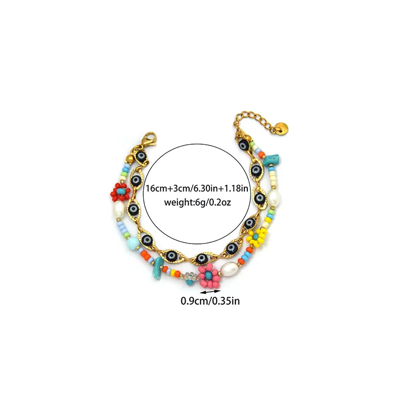 18K Gold Boho Eye & Flower Double Layer Bracelet BH0157-02-Black