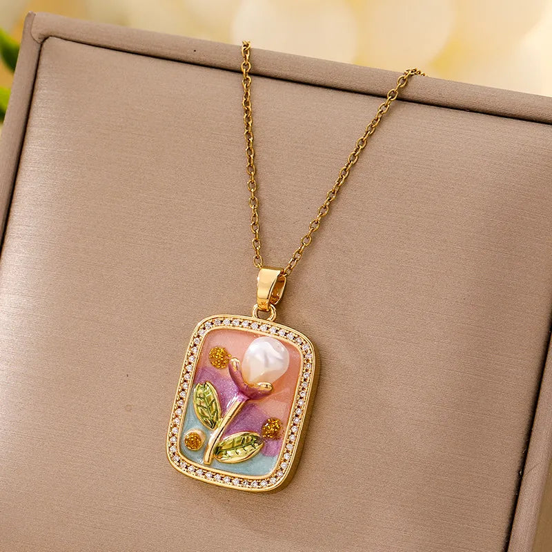 Boho Floral Pendant Necklace – Titanium Steel B020- Gold