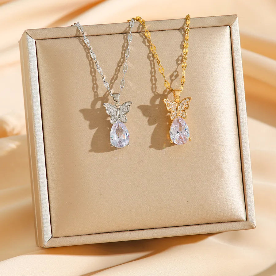 Butterfly Zirconia Waterdrop Pendant Necklace