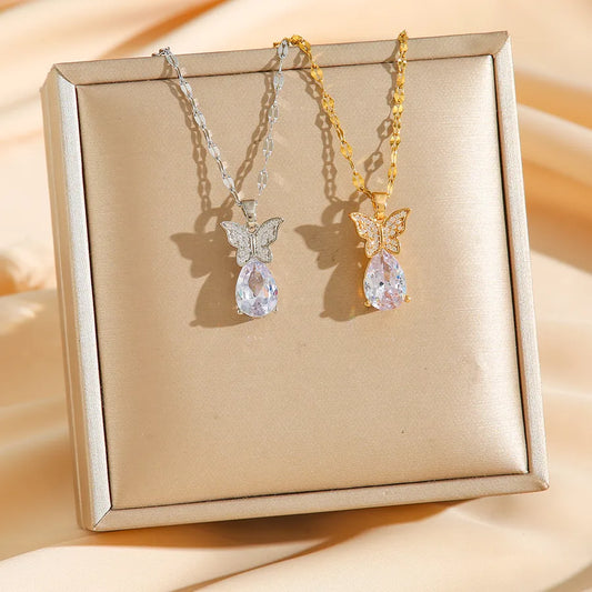 Butterfly Zirconia Waterdrop Pendant Necklace