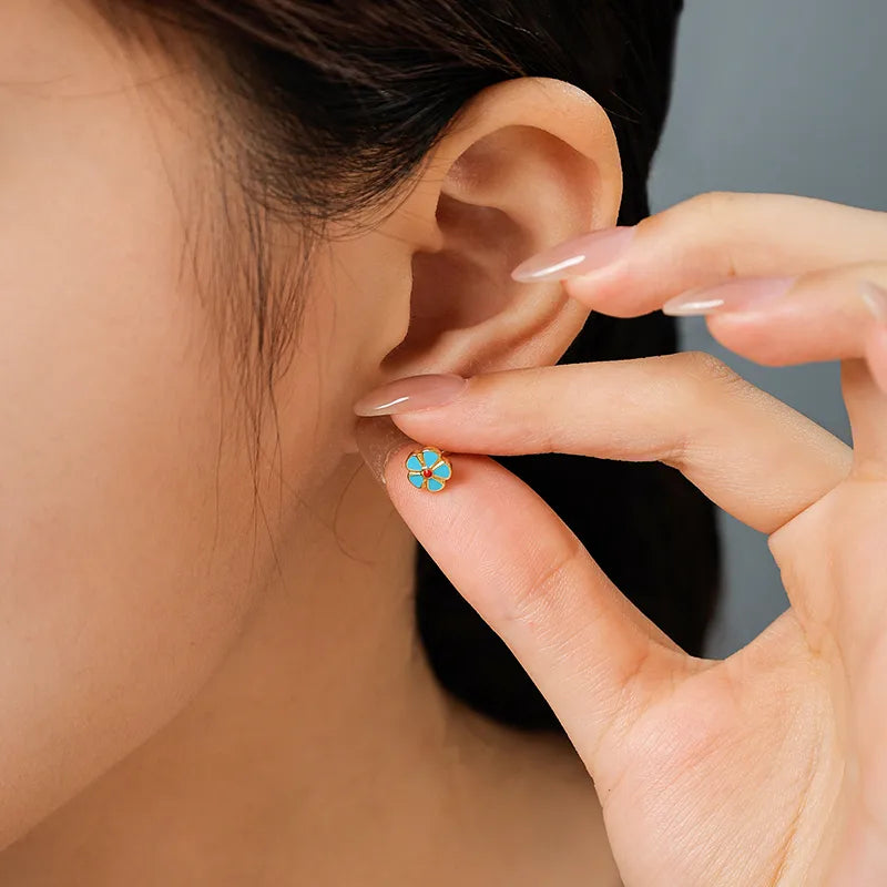 Blue Flower Stud Earrings – Gold Plated Stainless Steel