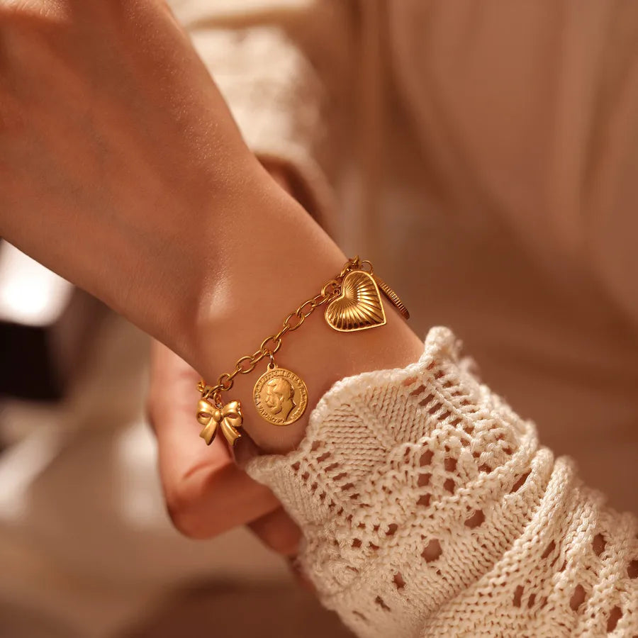 Gold Heart & Bowknot Stainless Steel Bracelet Gold