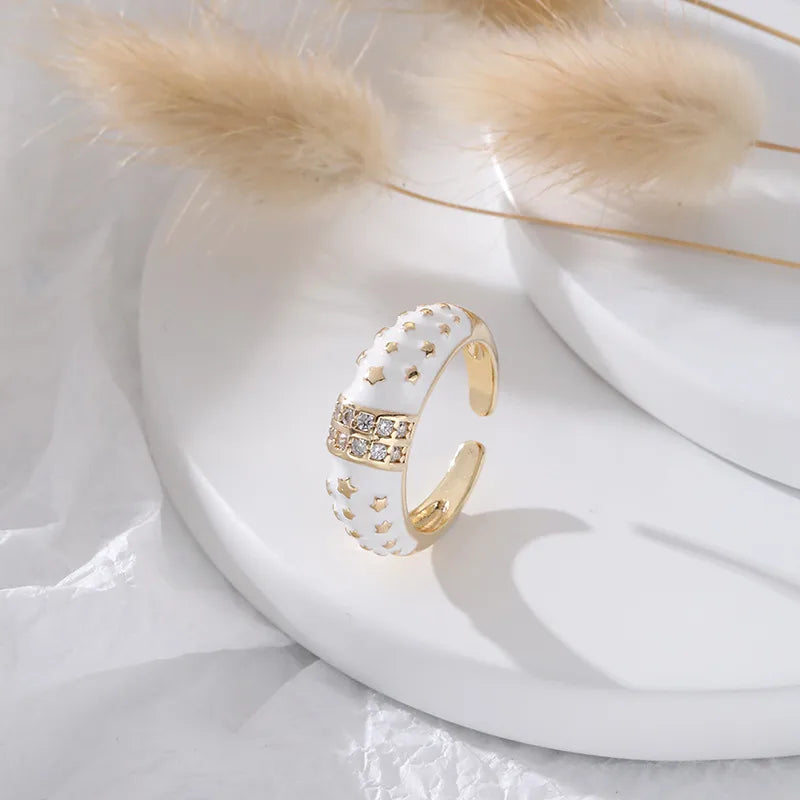 Colorful Star Titanium Steel Adjustable Ring Oil Drip Pentagram Open Ring White Sold Individually