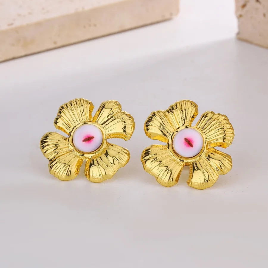 Sunflower Zirconia Stainless Steel Stud Earrings Gold Style 3