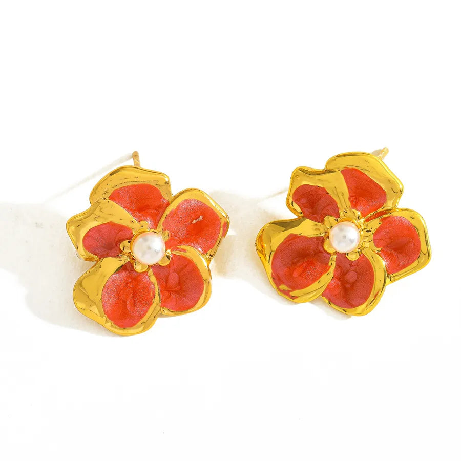 18K Gold Plated Pearl Flower Stud Earrings 20.35mm*17.32mm-Rose Red