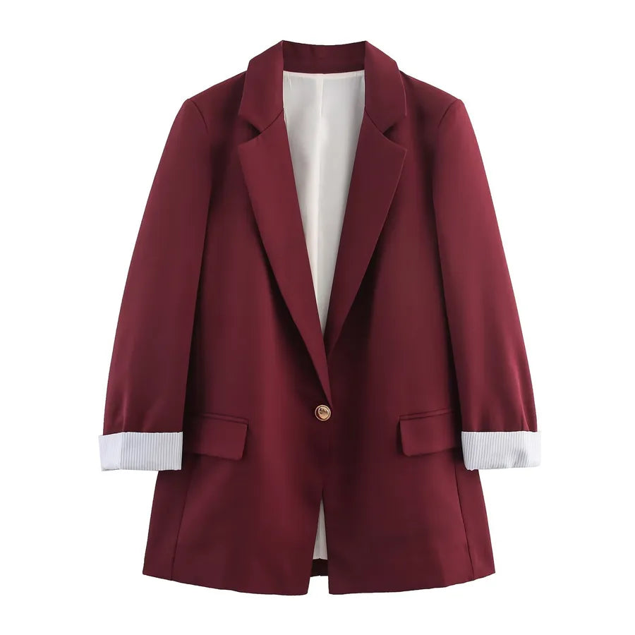 Women's Printed Cuff Blazer Jacket Dark Red