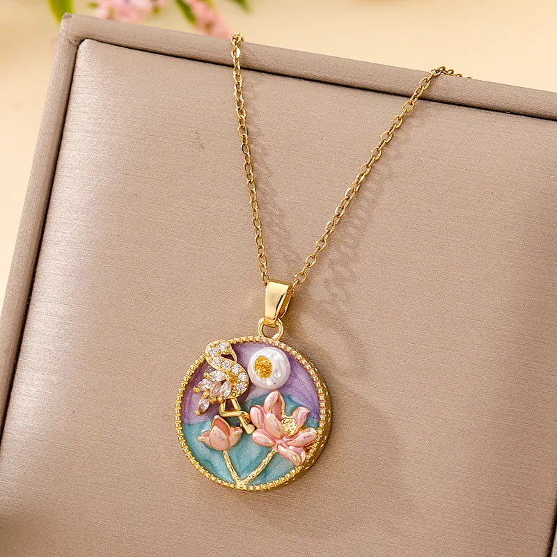 Boho Floral Pendant Necklace – Titanium Steel B011- Gold