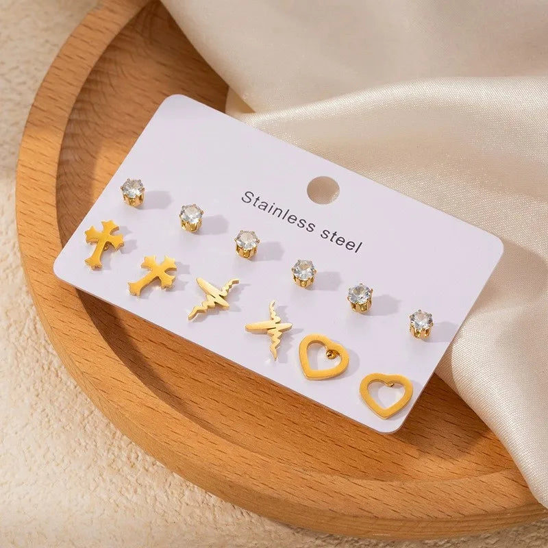 Heart & Cross Stainless Steel Stud Earrings Love Cross (6 Pairs)