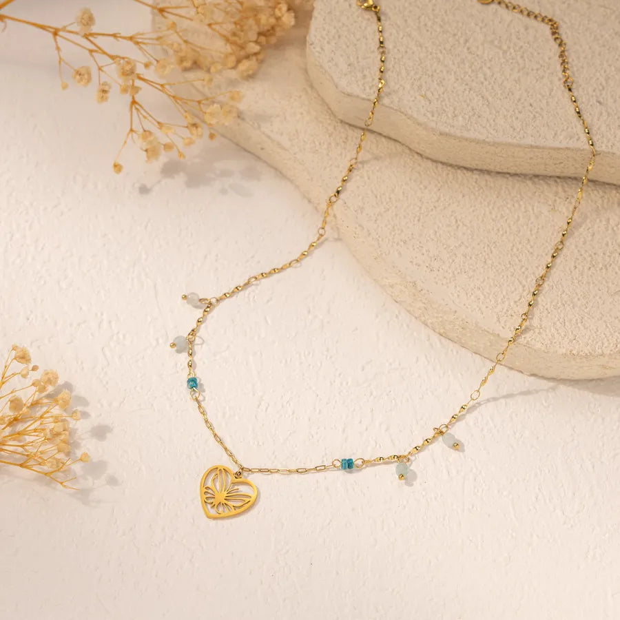 18K Gold Heart & Butterfly Stainless Steel Necklace Average Size Multicolor X-09-52