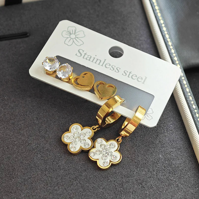 Stainless Steel Heart & Flower Zircon Earrings Love Heart Flowers Earrings