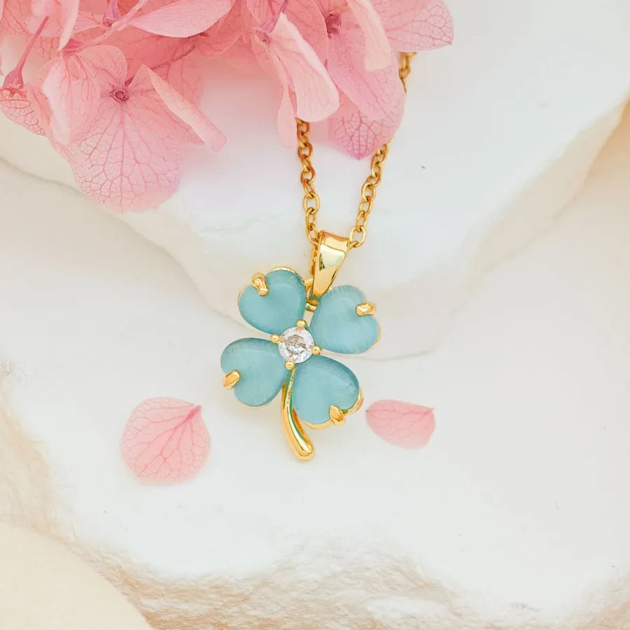 Titanium Steel Heart Clover Necklace XL293 Blue Cat's Eye Four-Leaf Clover Necklace Gold