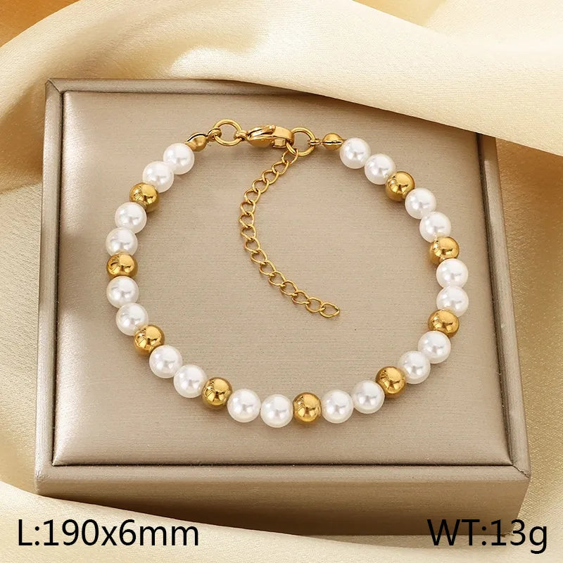 Gold Beaded Stainless Steel Bracelet for Women Type C Gold KB206995-Z