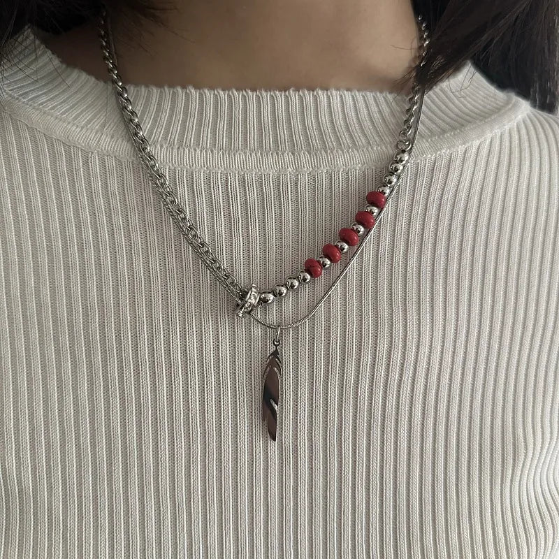 Red Stone Feather Pendant Titanium Necklace