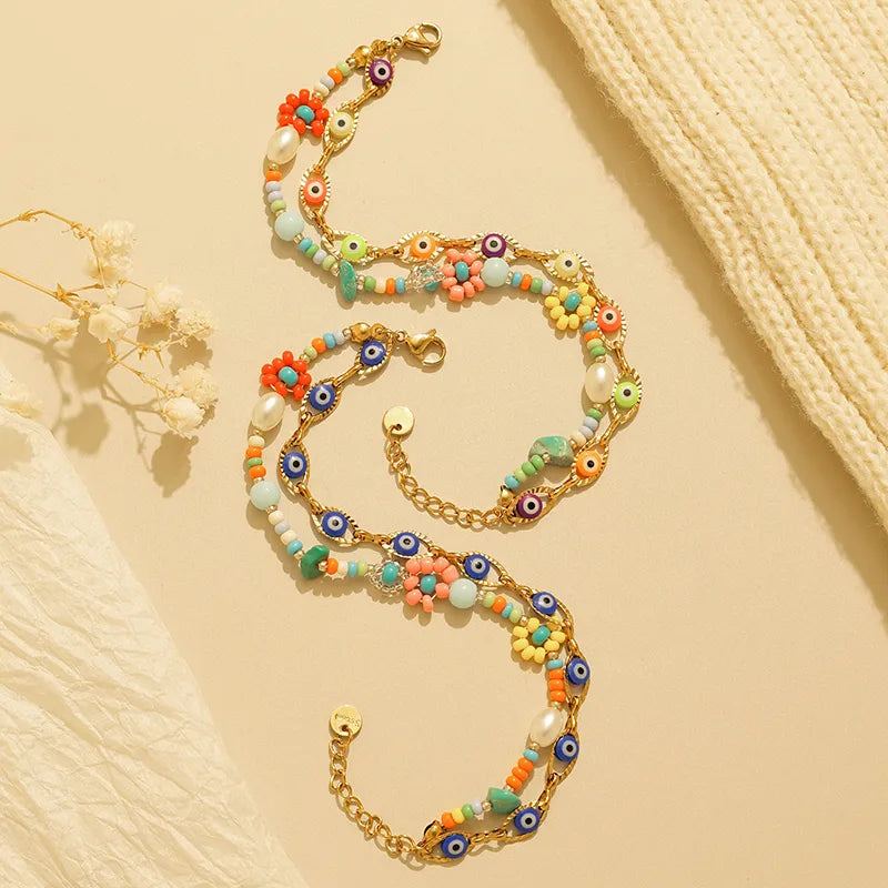 18K Gold Boho Eye & Flower Double Layer Bracelet