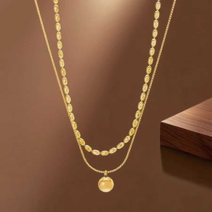 Double Layer Titanium Steel Heart Necklace X0443-Double-layered Ball Necklace- Gold
