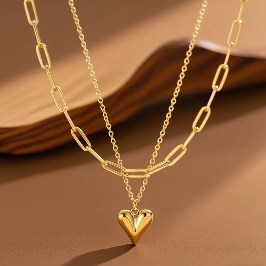 Gold Heart Shell Pendant Necklace X01053-Double Layer Heart Necklace- Gold