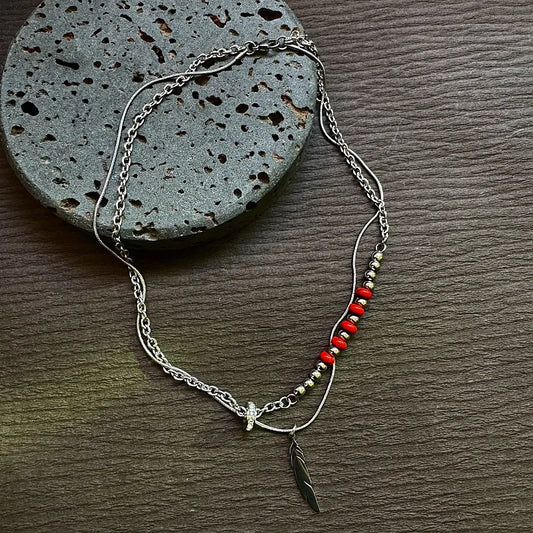 Red Stone Feather Pendant Titanium Necklace