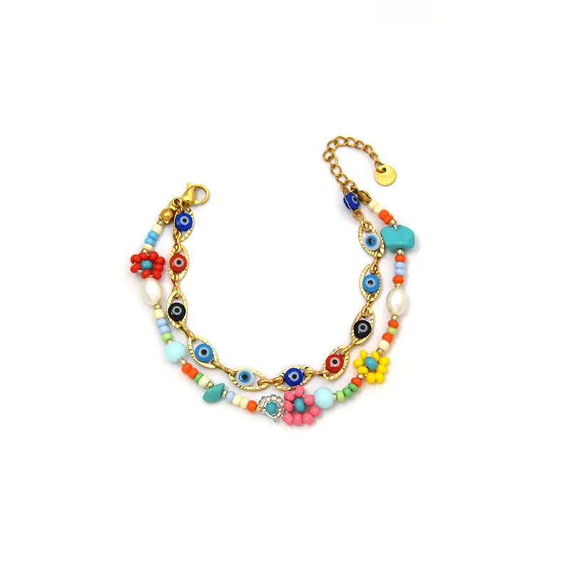 18K Gold Boho Eye & Flower Double Layer Bracelet BH0157-02-darkcolorful