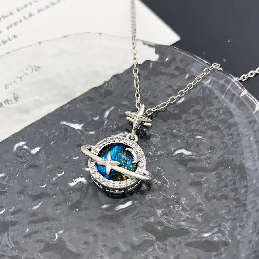 Starry Sky Planet Zircon Pendant Necklace XL12 Moon Planet Necklace Silver