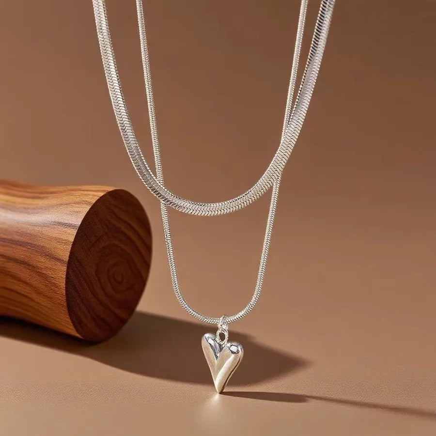 Titanium Steel Heart Pendant Necklace X01254-Double Layer Peach Heart Necklace-Steel Color