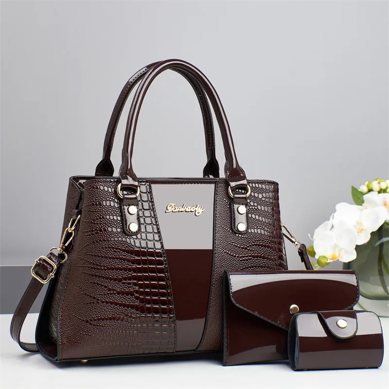 3-Piece Crocodile Pattern PU Shoulder Bag Set Coffee 30*11*22cm