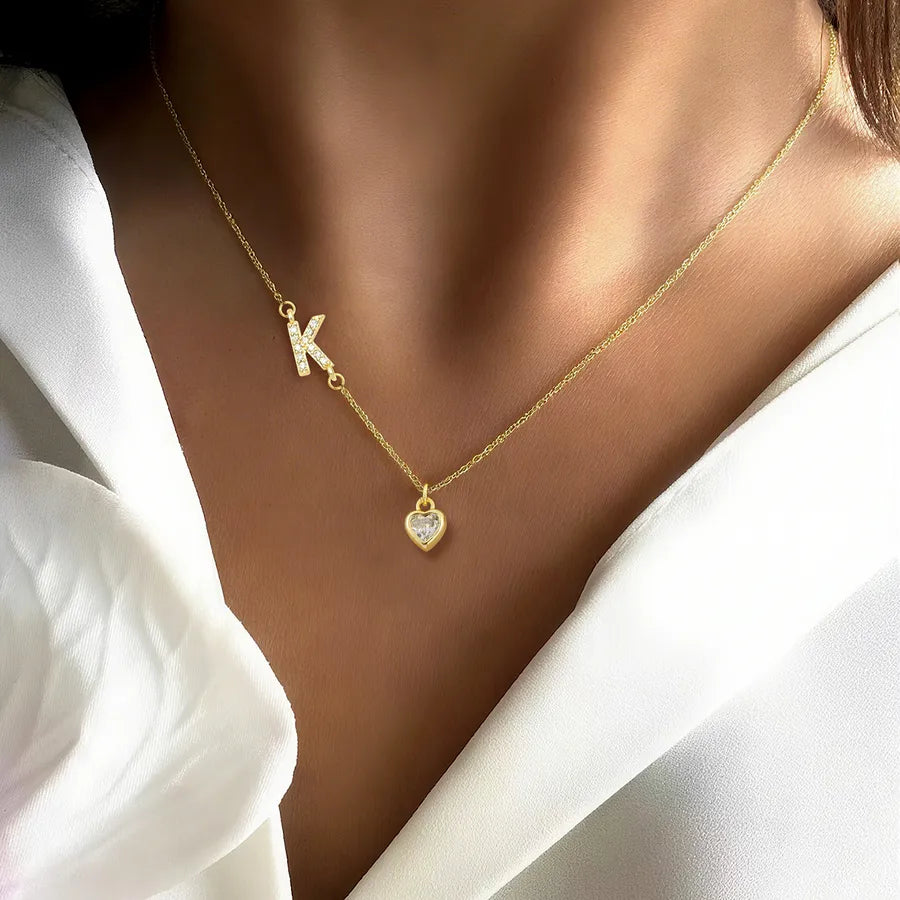 Gold Heart Letter Pendant Necklace