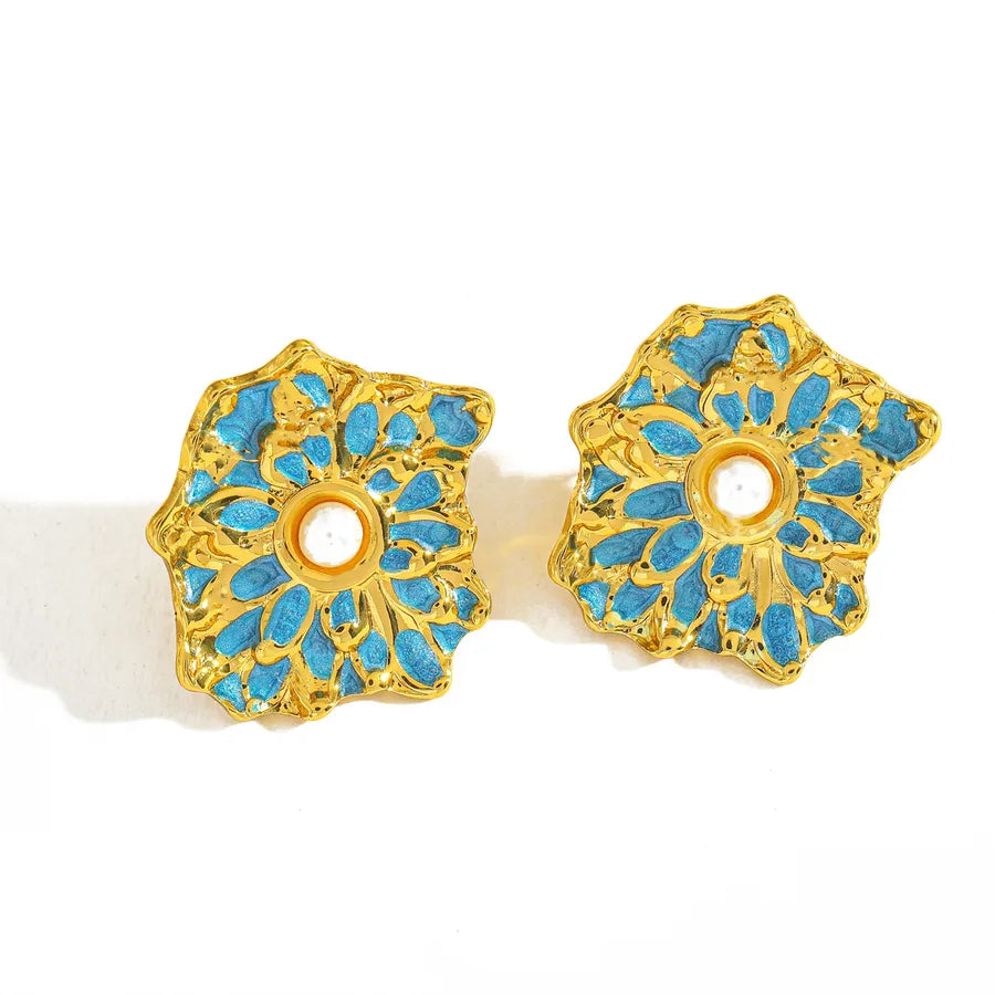 18K Gold Plated Pearl Flower Stud Earrings 23.64mm*21.08mm-blue