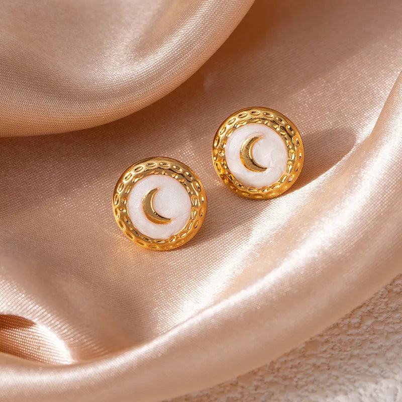 Moon Drop Titanium Stud Earrings Moon Round Earrings-White 1555