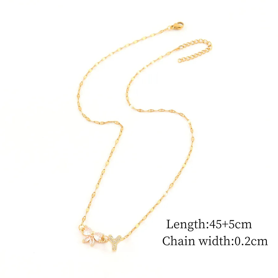 Gold Letter & Bow Pendant Necklace – Stainless Steel Gold Y