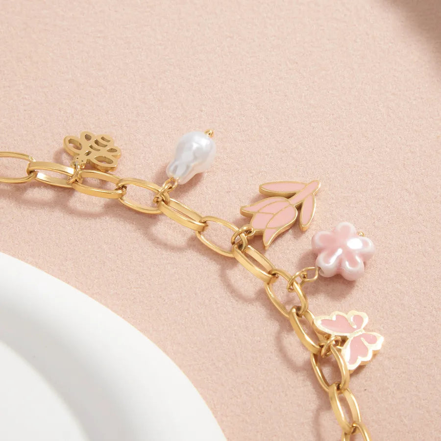 18K Gold Plated Pink Tulip Pearl Bracelet