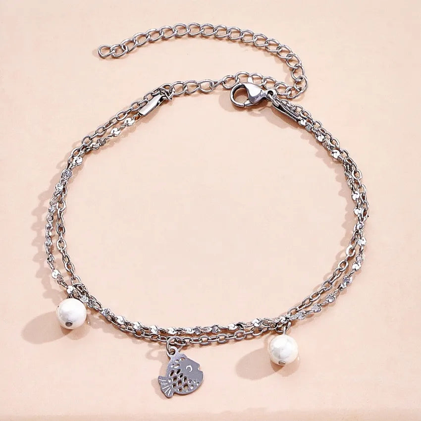 Silver Ocean Charm Layered Bracelet for Women