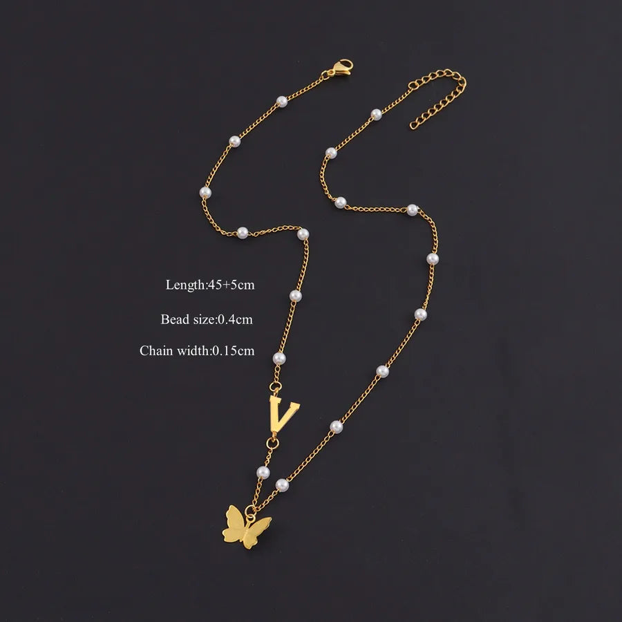 Gold Butterfly Letter Pendant Necklace Gold V