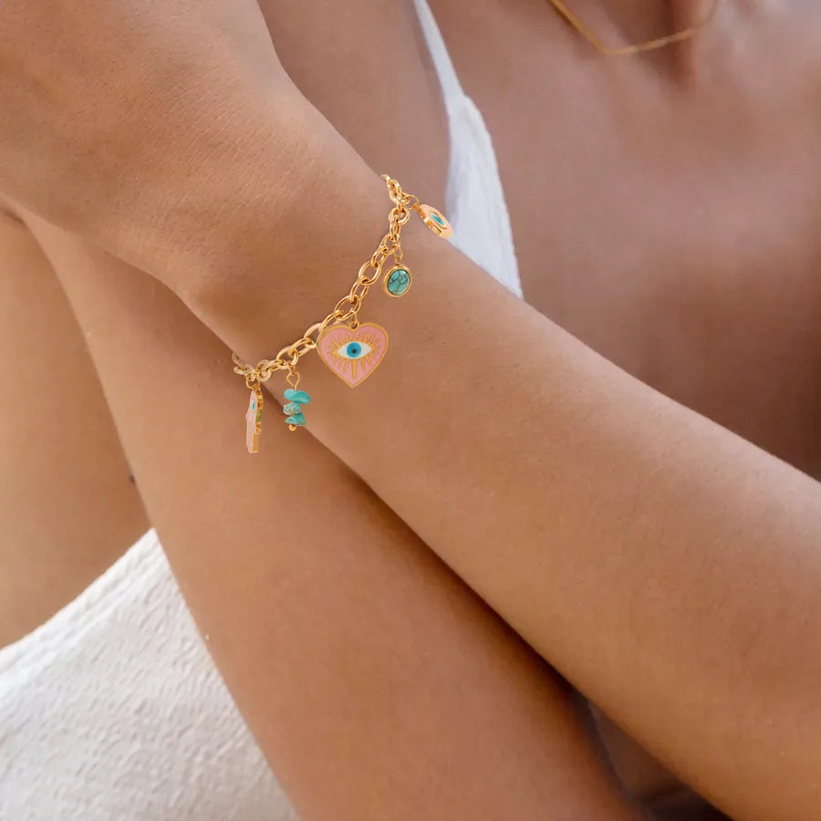 Gold Pink Devil's Eye Heart Bracelet