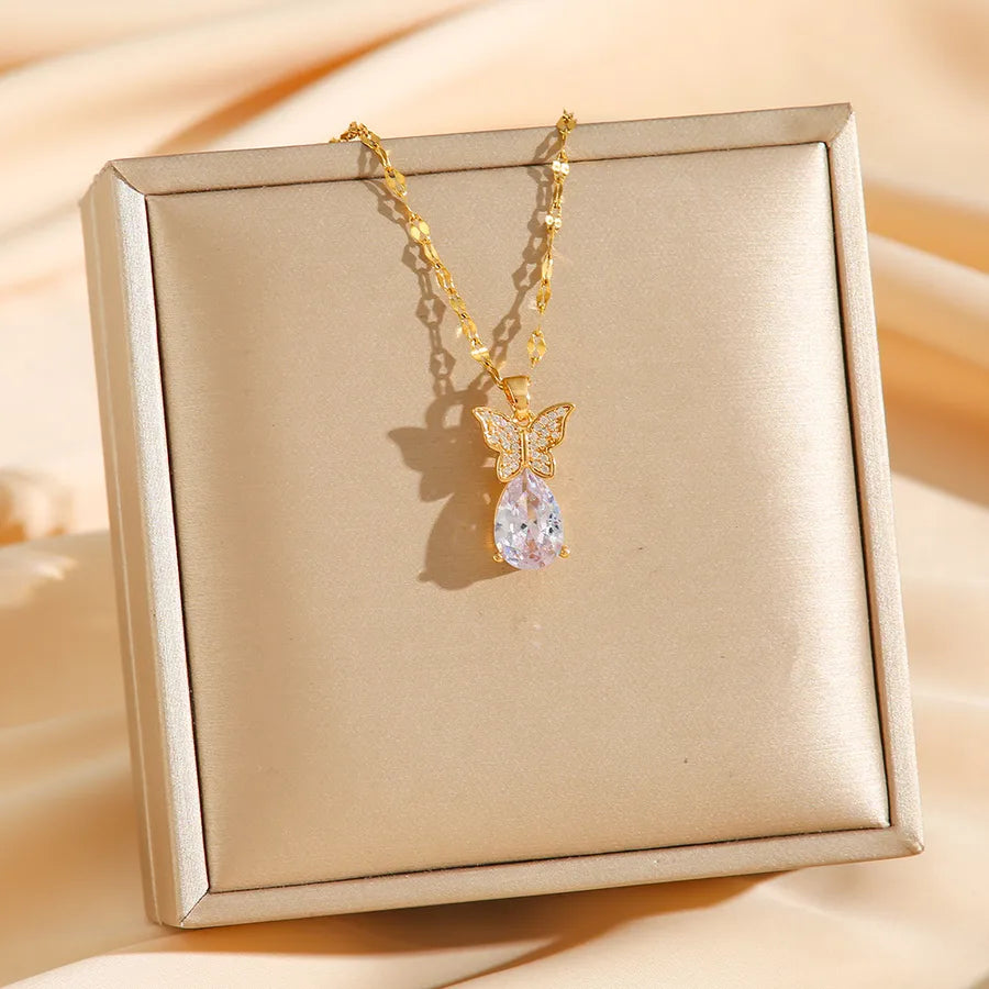 Butterfly Zirconia Waterdrop Pendant Necklace 8051 Gold Butterfly